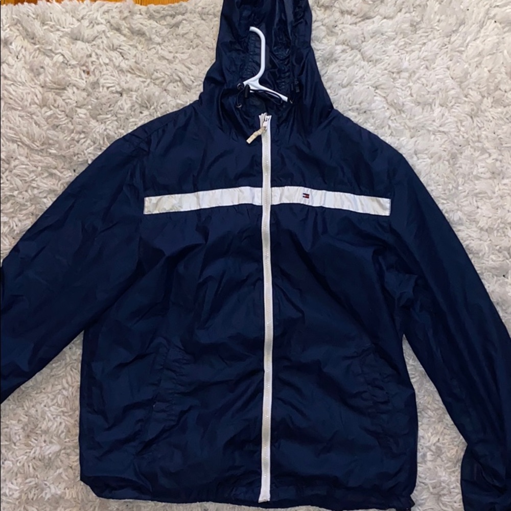 Tommy Hilfiger blue and white rain jacket